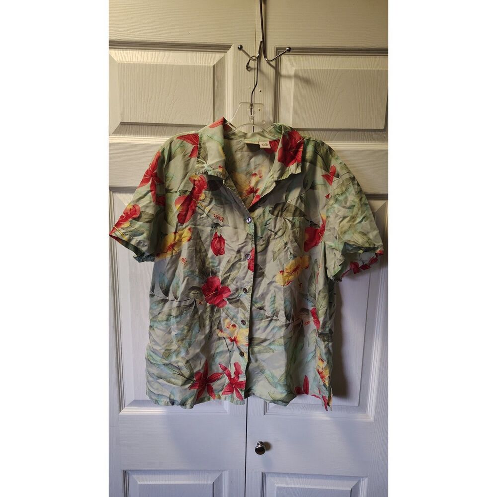 Linden Hill Silk Hawaiian Shirt Womens 1X Multicolor Floral Tropical Camp Blouse